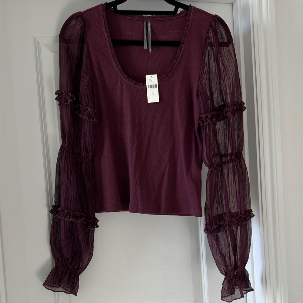 Anthropologie Maroon Sheer Sleeve Blouse